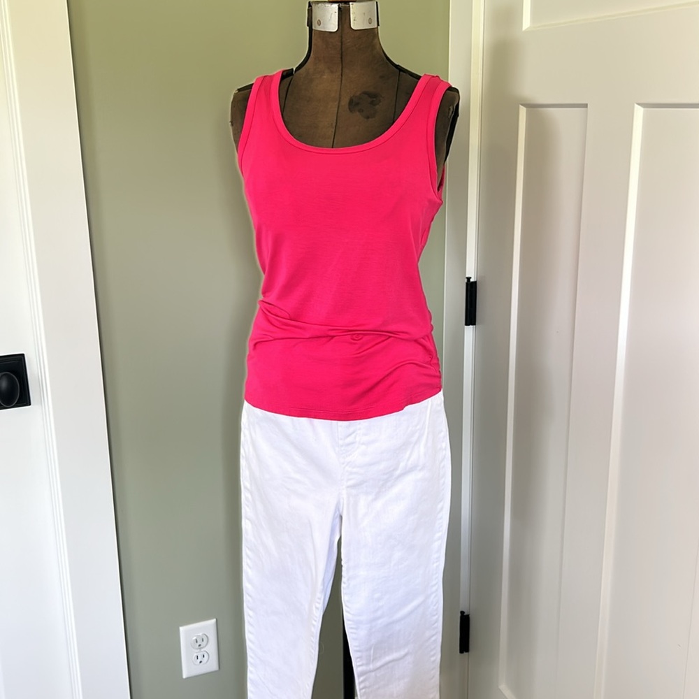 White Denim Jeans Petite medium with pink tank top small with loose fitting top